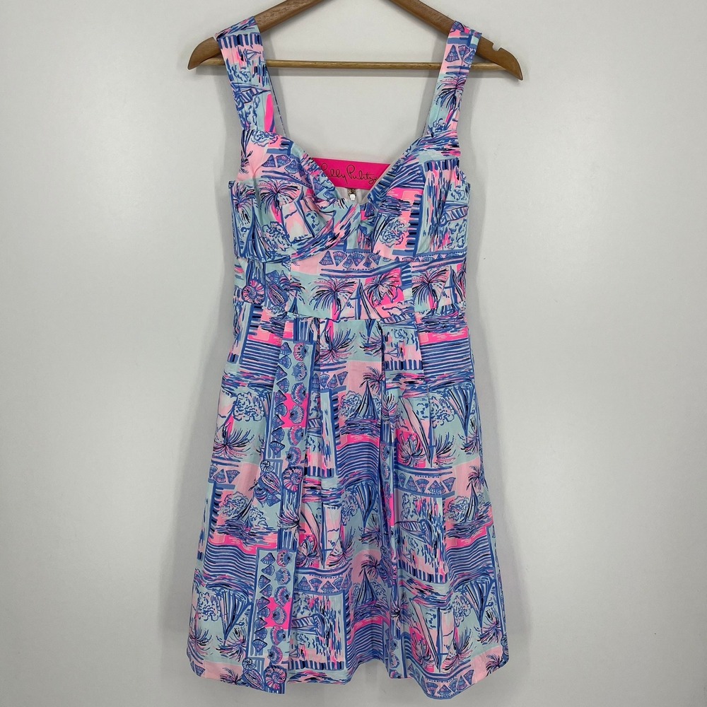 Lilly Pulitzer Cyndi Dress Yeah Buoy Blue Pink Tropical Cotton Sun Dress 2 NWT